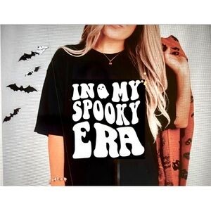 Retro Ghost Halloween Tee, 70’s Style, Organic Cotton, Black, Slight Crop, S